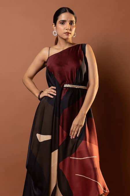Vedika M Black Satin Sequins Asymmetric Abstract Print Dress Online at Aza Fashions Vedika M_Black Satin Sequins Asymmetric Abstract Print Dress _Online_at_Aza_Fashions