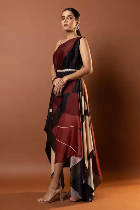 Buy Vedika M Black Satin Sequins Asymmetric Abstract Print Dress Online at Aza Fashions Buy_Vedika M_Black Satin Sequins Asymmetric Abstract Print Dress _Online_at_Aza_Fashions