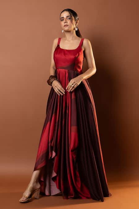 Vedika M Red Abstract Print Pleated Gown 