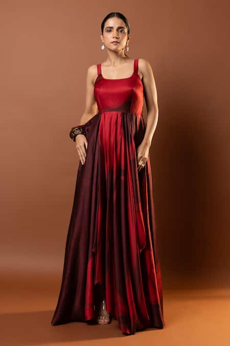 Buy_Vedika M_Red Satin Scoop Neck Abstract Print Pleated Gown _Online_at_Aza_Fashions