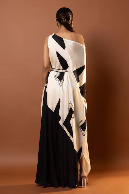 Shop Vedika M Black Satin Sequins Asymmetric Geometric Print Maxi Dress And Belt at Aza Fashions Shop_Vedika M_Black Satin Sequins Asymmetric Geometric Print Maxi Dress And Belt _at_Aza_Fashions