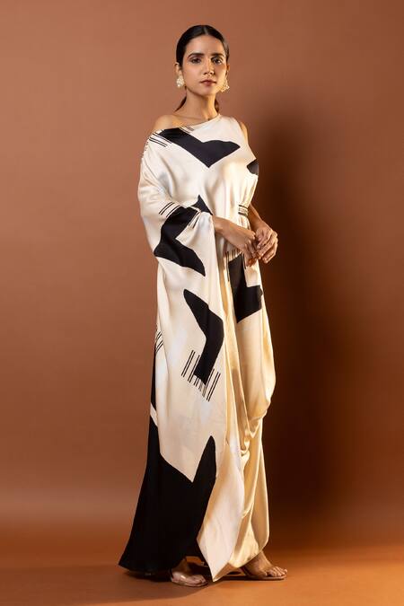 Buy Vedika M Black Satin Sequins Asymmetric Geometric Print Maxi Dress And Belt Online at Aza Fashions Buy_Vedika M_Black Satin Sequins Asymmetric Geometric Print Maxi Dress And Belt _Online_at_Aza_Fashions