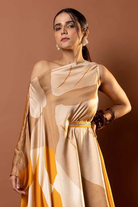 Vedika M_Brown Satin Sequins Asymmetric Yellow Color Block Maxi Dress _Online_at_Aza_Fashions