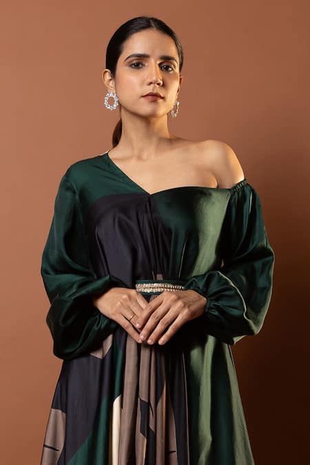 Vedika M_Green Satin Sequins Asymmetric Black And Abstract Print Maxi Dress _Online_at_Aza_Fashions