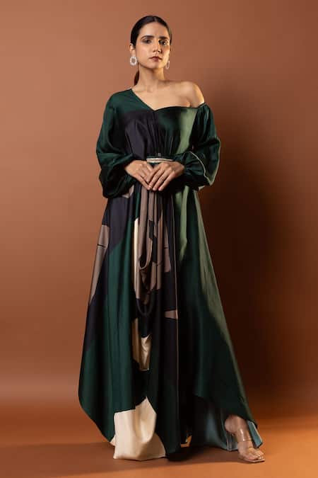 Buy_Vedika M_Green Satin Sequins Asymmetric Black And Abstract Print Maxi Dress _Online_at_Aza_Fashions