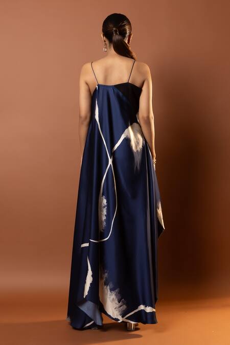 Shop_Vedika M_Blue Satin Sweetheart Neck Draped Abstract Print Full Length Gown _at_Aza_Fashions