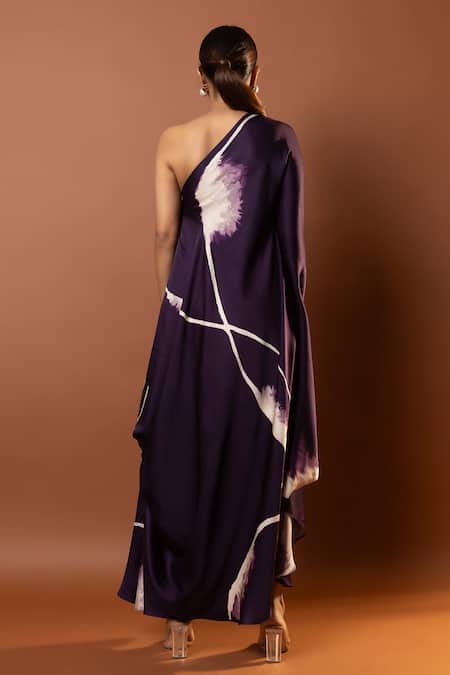 Shop_Vedika M_Purple Satin Asymmetric Abstract Print Dress _at_Aza_Fashions