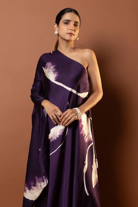 Vedika M_Purple Satin Asymmetric Abstract Print Dress _Online_at_Aza_Fashions