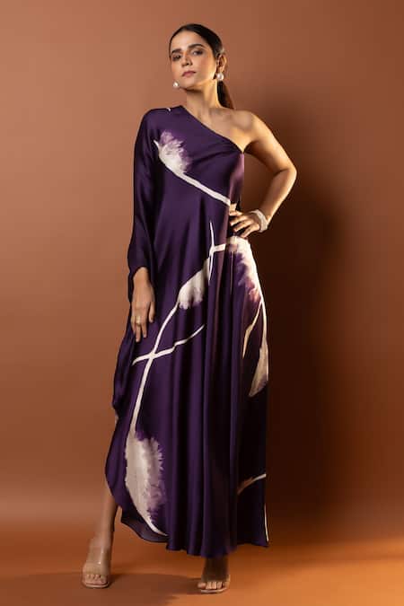 Buy_Vedika M_Purple Satin Asymmetric Abstract Print Dress _Online_at_Aza_Fashions