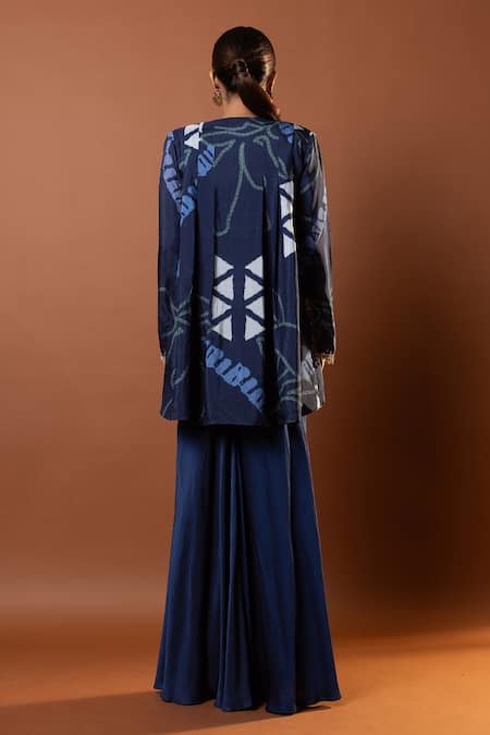 Shop_Vedika M_Blue Silk, Satin Sequins Open , Round Bandhani Print Jacket Skirt Set _at_Aza_Fashions