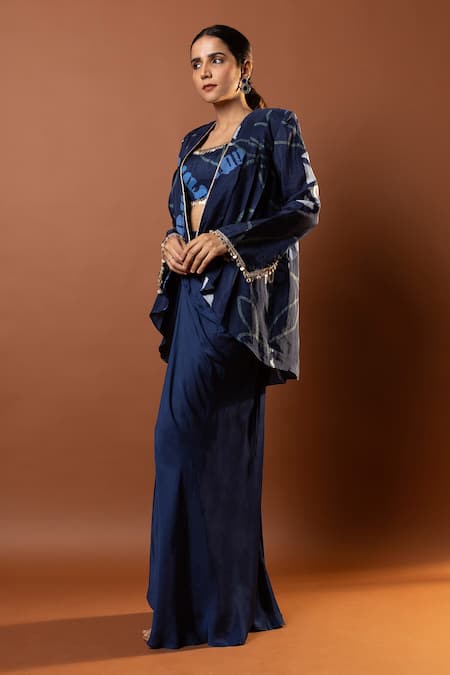 Vedika M_Blue Silk, Satin Sequins Open , Round Bandhani Print Jacket Skirt Set _Online_at_Aza_Fashions
