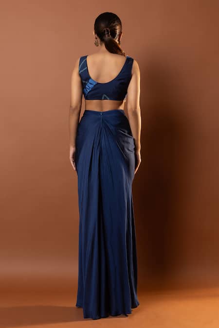 Shop_Vedika M_Blue Silk, Satin Sequins Scoop Neck Bandhani Print Bustier And Skirt Set _at_Aza_Fashions