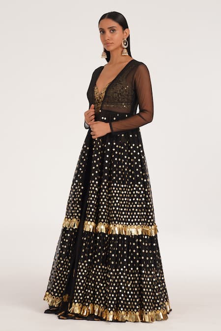 Abhinav Mishra Black Floral Applique Jacket & Tiered Lehenga Set 