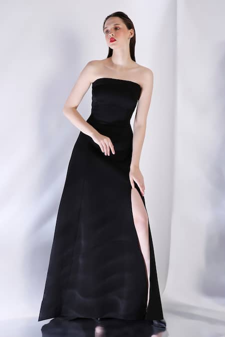 Buy Black Neoprene Off-shoulder Strapless Solid Maxi Dress For