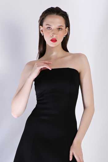 Buy_Ozeqo_Black Neoprene Off-shoulder Strapless Solid Maxi Dress _Online_at_Aza_Fashions