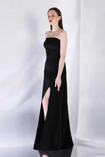 Shop_Ozeqo_Black Neoprene Off-shoulder Strapless Solid Maxi Dress _Online_at_Aza_Fashions