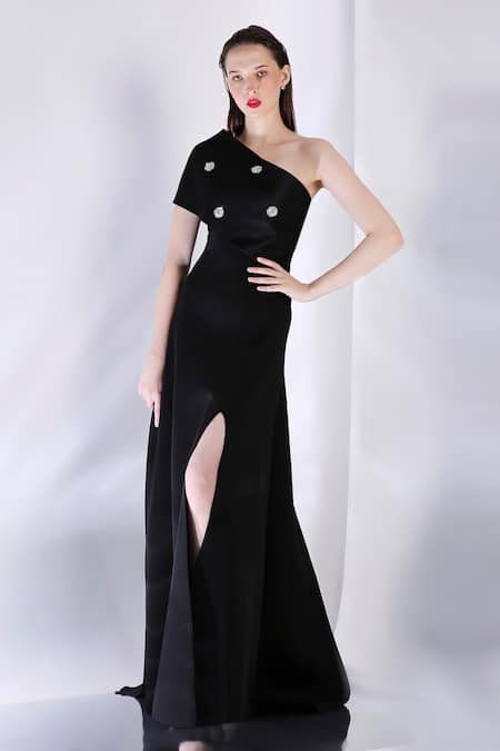 Ozeqo Black Neoprene Sequins Embellished Strapless Maxi Dress And Cape
