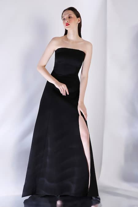 Ozeqo_Black Neoprene Sequins Embellished Strapless Maxi Dress And Cape _Online_at_Aza_Fashions
