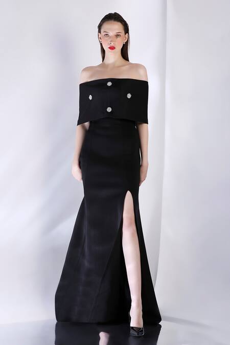 Buy_Ozeqo_Black Neoprene Sequins Embellished Strapless Maxi Dress And Cape _Online_at_Aza_Fashions
