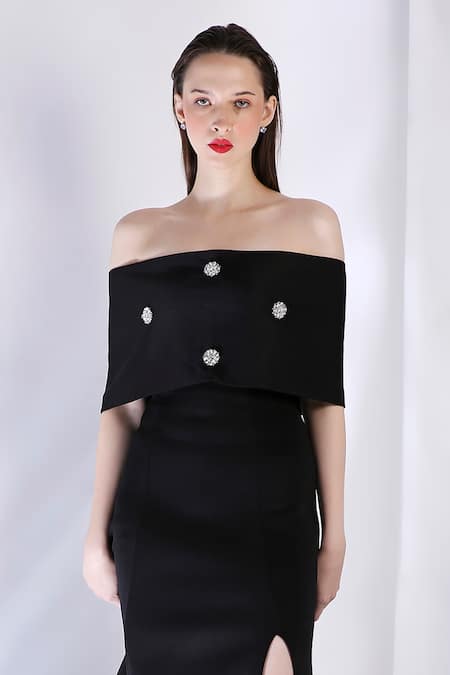 Shop_Ozeqo_Black Neoprene Sequins Embellished Strapless Maxi Dress And Cape _Online_at_Aza_Fashions