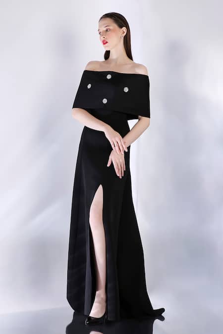 Ozeqo_Black Neoprene Sequins Embellished Strapless Maxi Dress And Cape _at_Aza_Fashions
