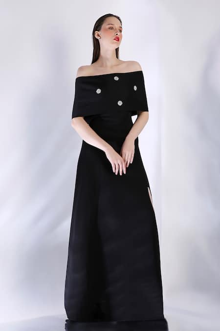 Buy_Ozeqo_Black Neoprene Sequins Embellished Strapless Maxi Dress And Cape 
