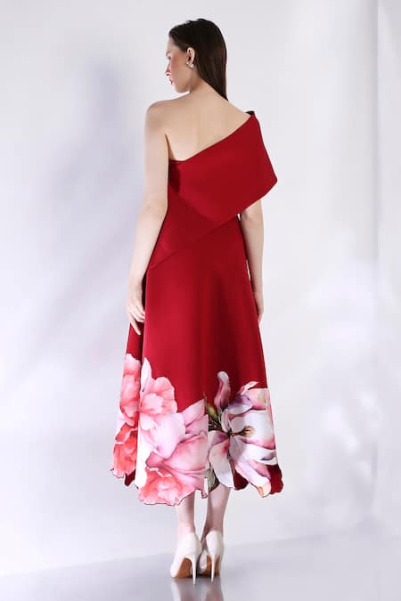 Ozeqo Red Floral Applique Midi Dress & Cape 