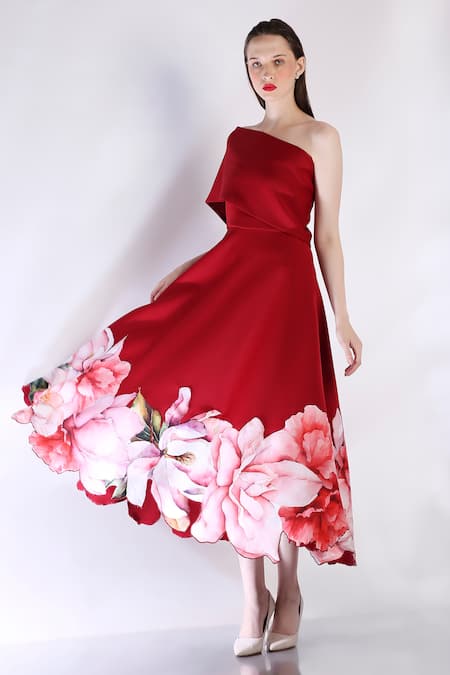 Shop_Ozeqo_Red Neoprene Embroidery Off-shoulder Floral Applique Midi Dress And Cape _Online_at_Aza_Fashions