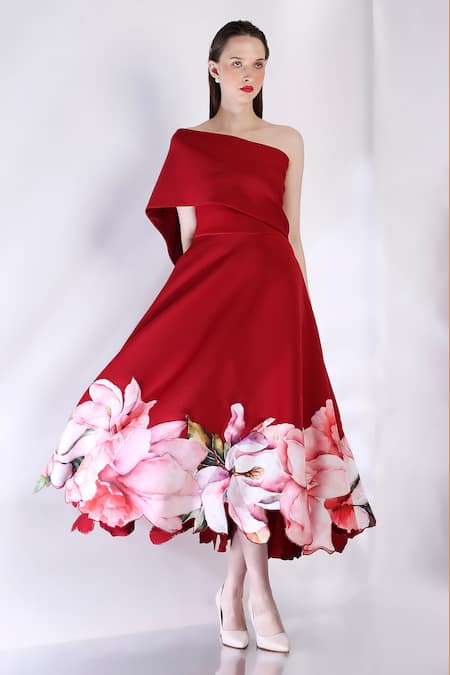 Ozeqo_Red Neoprene Embroidery Off-shoulder Floral Applique Midi Dress And Cape _at_Aza_Fashions