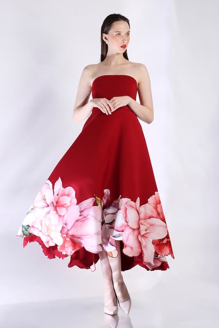 Buy_Ozeqo_Red Neoprene Fabric Flowers Off-shoulder Floral Applique Midi Dress _Online_at_Aza_Fashions