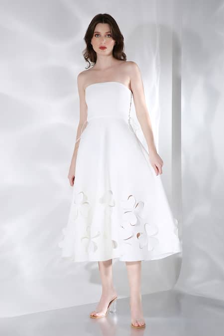 Ozeqo Off White Neoprene Cut Work Off-shoulder Floral Cut-out Midi Dress With Cape Online at Aza Fashions Ozeqo_Off White Neoprene Cut Work Off-shoulder Floral Cut-out Midi Dress With Cape _Online_at_Aza_Fashions