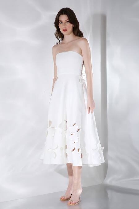 Buy Ozeqo Off White Neoprene Cut Work Off-shoulder Floral Cut-out Midi Dress With Cape Online at Aza Fashions Buy_Ozeqo_Off White Neoprene Cut Work Off-shoulder Floral Cut-out Midi Dress With Cape _Online_at_Aza_Fashions