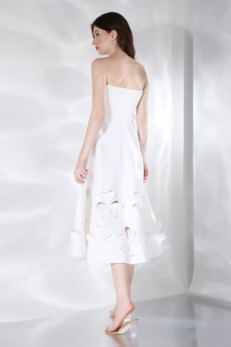 Ozeqo Off White Neoprene Cut Work Off-shoulder Floral Cut-out Midi Dress With Cape at Aza Fashions Ozeqo_Off White Neoprene Cut Work Off-shoulder Floral Cut-out Midi Dress With Cape _at_Aza_Fashions