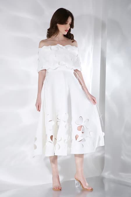 Buy Ozeqo Off White Neoprene Cut Work Off-shoulder Floral Cut-out Midi Dress With Cape Buy_Ozeqo_Off White Neoprene Cut Work Off-shoulder Floral Cut-out Midi Dress With Cape