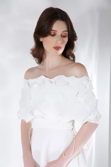 Shop Ozeqo Off White Neoprene Cut Work Off-shoulder Floral Cut-out Midi Dress With Cape Shop_Ozeqo_Off White Neoprene Cut Work Off-shoulder Floral Cut-out Midi Dress With Cape