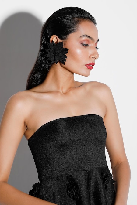 Ozeqo_Black Neoprene Fabric Flowers, Embroidery 3d Floral Applique Asymmetric Dress _at_Aza_Fashions