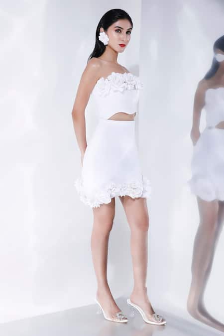 Buy_Ozeqo_White Neoprene Fabric Flowers Round Neck 3d Embellished Crop Top And Skirt Set _Online_at_Aza_Fashions