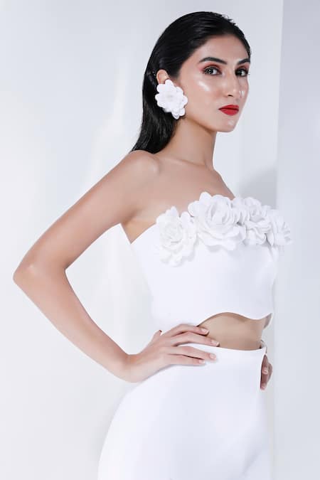 Shop_Ozeqo_White Neoprene Fabric Flowers Round Neck 3d Embellished Crop Top And Skirt Set _Online_at_Aza_Fashions
