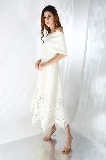 Buy_Ozeqo_White Neoprene Embroidery Square Neck Line Art Midi Dress And Cape _Online_at_Aza_Fashions