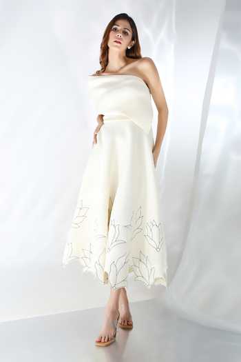 Ozeqo_White Neoprene Embroidery Square Neck Line Art Midi Dress And Cape _at_Aza_Fashions