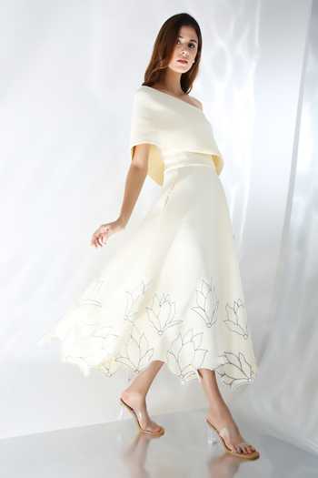Buy_Ozeqo_White Neoprene Embroidery Square Neck Line Art Midi Dress And Cape 