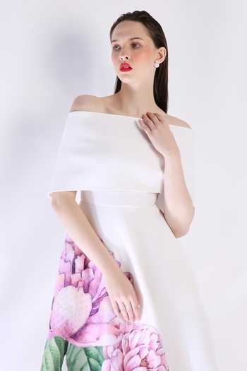 Shop_Ozeqo_White Neoprene Embroidery Off-shoulder Applique Midi Dress With Cape _Online_at_Aza_Fashions
