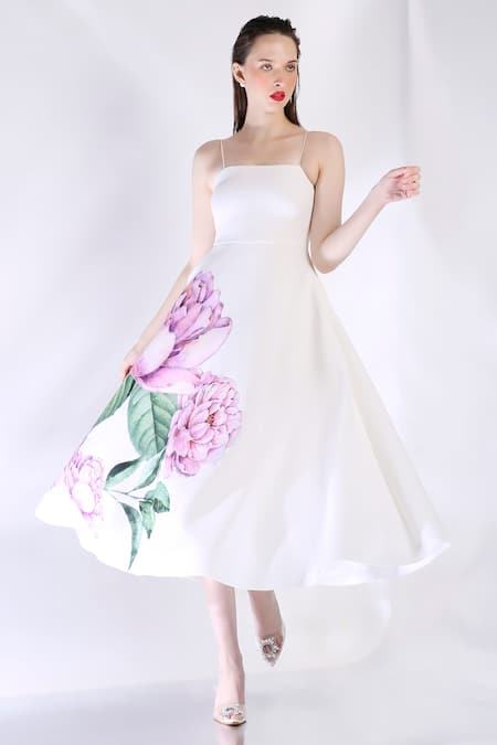 Ozeqo White Hand Embroidered Applique Midi Dress 