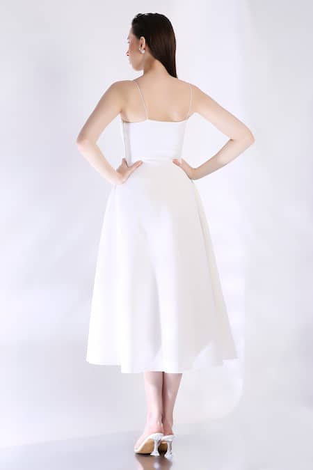 Ozeqo White Hand Embroidered Applique Midi Dress 