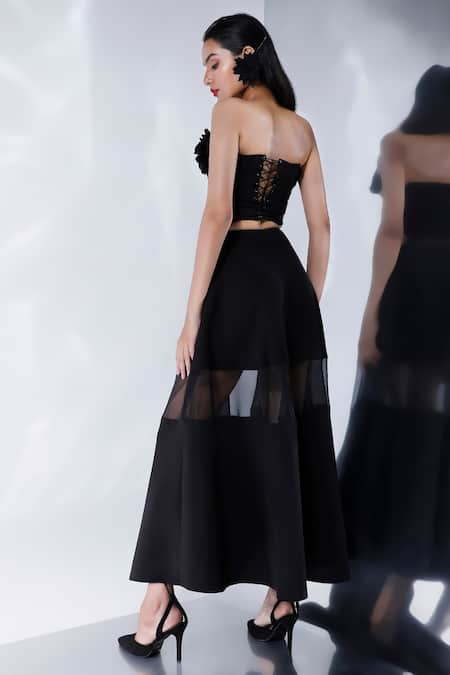 Shop Ozeqo Black Neoprene Applique, Fabric Flowers Mesh Detailed Skirt And Crop Top Set at Aza Fashions Shop_Ozeqo_Black Neoprene Applique, Fabric Flowers Mesh Detailed Skirt And Crop Top Set _at_Aza_Fashions