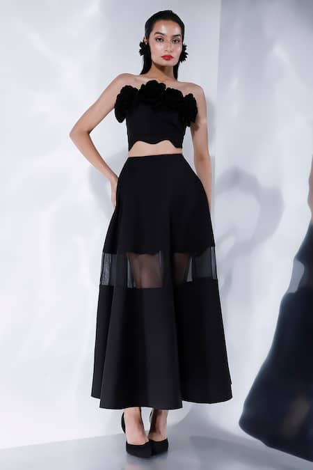 Ozeqo Black Neoprene Applique, Fabric Flowers Mesh Detailed Skirt And Crop Top Set Online at Aza Fashions Ozeqo_Black Neoprene Applique, Fabric Flowers Mesh Detailed Skirt And Crop Top Set _Online_at_Aza_Fashions