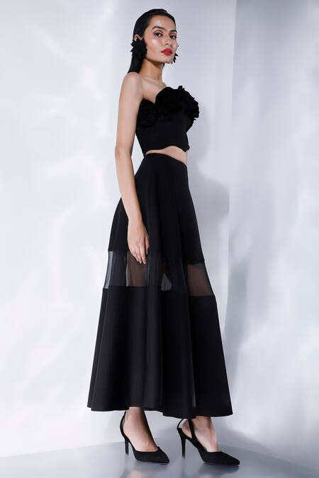 Buy Ozeqo Black Neoprene Applique, Fabric Flowers Mesh Detailed Skirt And Crop Top Set Online at Aza Fashions Buy_Ozeqo_Black Neoprene Applique, Fabric Flowers Mesh Detailed Skirt And Crop Top Set _Online_at_Aza_Fashions