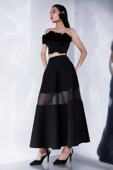 Shop Ozeqo Black Neoprene Applique, Fabric Flowers Mesh Detailed Skirt And Crop Top Set Online at Aza Fashions Shop_Ozeqo_Black Neoprene Applique, Fabric Flowers Mesh Detailed Skirt And Crop Top Set _Online_at_Aza_Fashions