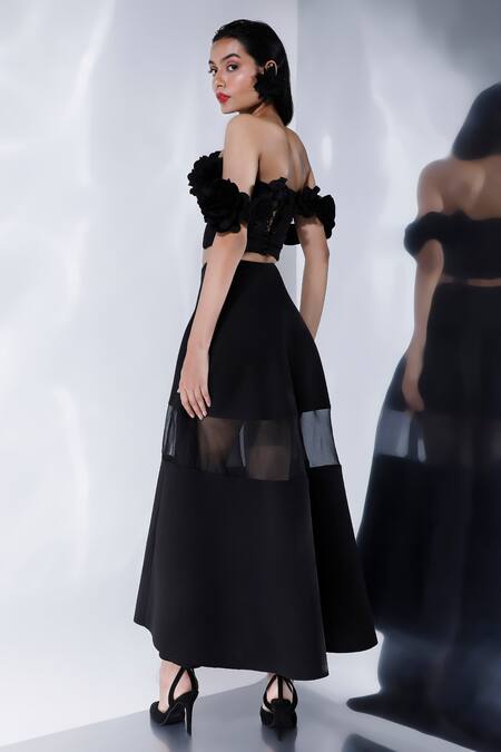 Shop Ozeqo Black Neoprene Applique, Fabric Flowers Mesh Detailed Skirt And Crop Top Set Shop_Ozeqo_Black Neoprene Applique, Fabric Flowers Mesh Detailed Skirt And Crop Top Set