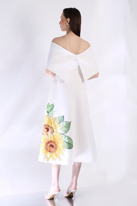 Shop_Ozeqo_White Neoprene Embroidery Off-shoulder Floral Hand Midi Dress With Cape _at_Aza_Fashions